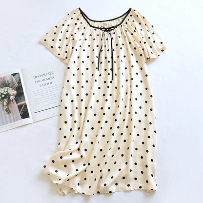 2025 New Women's Summer Short sleeved Nightwear 100% Viscous Fiber Comfortable and Breathable Soft Dress Thin Large Home Fury