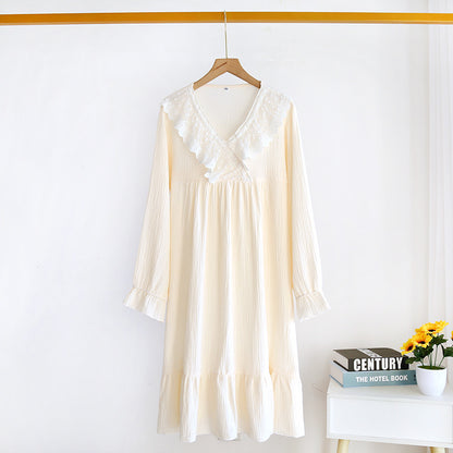 Japanese new spring and summer ladies nightdress 100% cotton crepe long skirt sweet princess long sleeve skirt plus size women