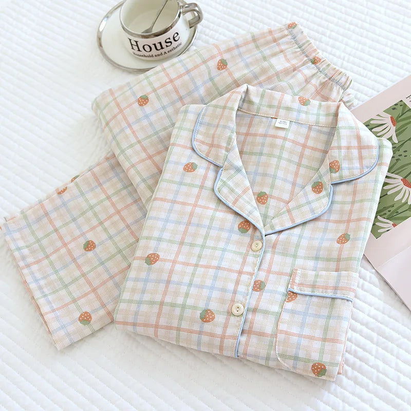 2025 New Spring/Summer Women's Pajama Set 100% Cotton Double Layer Gauze Long Sleeve Cardigan Cute Home Clothes Sleepwear
