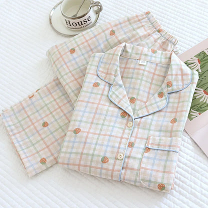 2025 New Spring/Summer Women's Pajama Set 100% Cotton Double Layer Gauze Long Sleeve Cardigan Cute Home Clothes Sleepwear