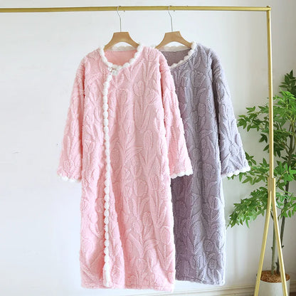 2025 New Autumn/Winter Women's Flannel Sleeping Skirt Long Sleeve Thickened Warm Long Style Loose Sleeper Robe Home Clothing