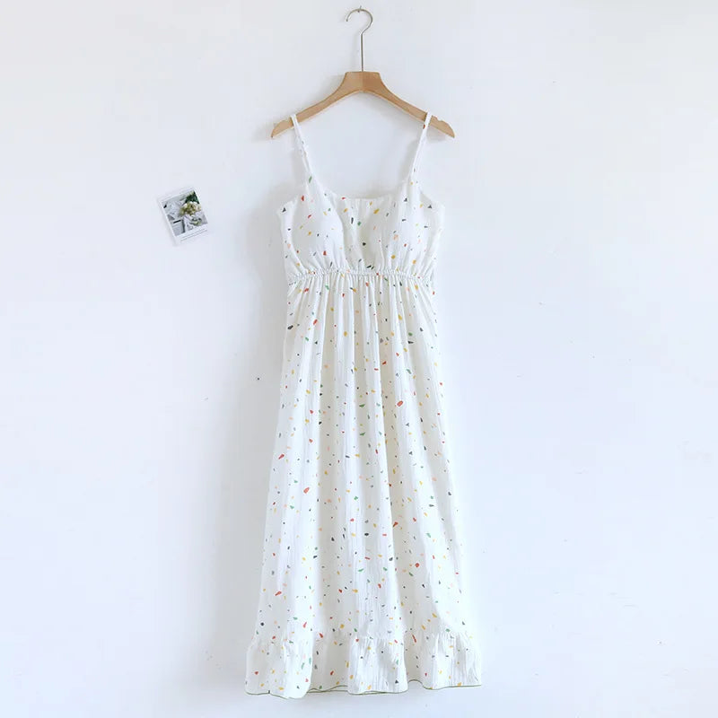 2025 New Summer Women's Sleeping Skirt 100% Cotton Crepe with Chest Cushion Suspender Dress Cute Thin Home Dress Summer Dress