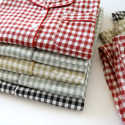 2025 Spring/Summer Couple Pajama Set 100% Cotton Double Layer Gauze Men's and Women's Japanese Plaid Set Long sleeved Home Fury