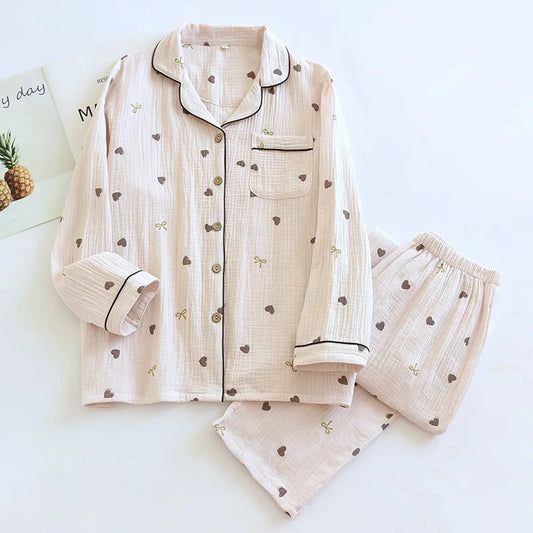 2025 New Spring/Summer Women's Pajama Set 100% Cotton Crepe Cute Love Long Sleeve Long Pants Two Piece Set Cardigan Home Clothes