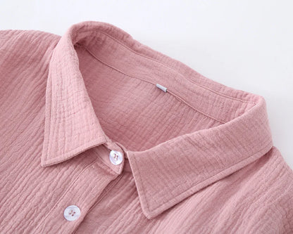 2025 New Summer Sleeping Dress 100% Cotton Crepe Short Sleeve Skirt Shirt Dress Women's Button Long Dress Home Casual Dress