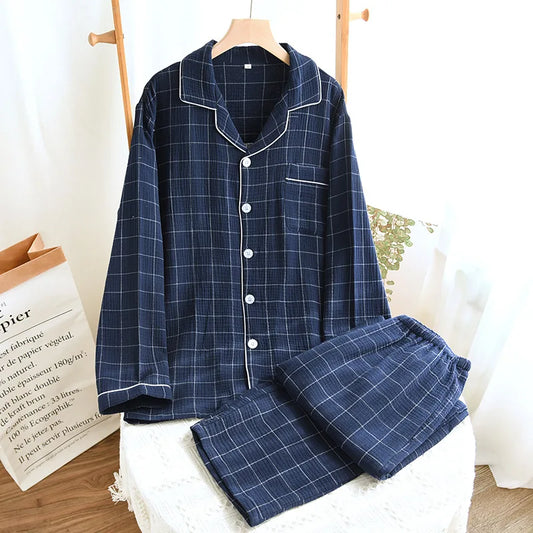 2025 Spring and Autumn New Men's Pajama Set 100%Cotton Crepe Plaid Long sleeved Pants Two Piece Set Cardigan Large Size Homewear