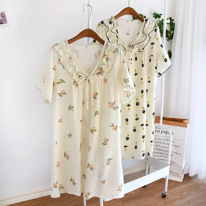 2025 Summer New Women's Pajama Dress 100% Cotton Crepe Ladies Short Sleeve Skirt Thin Flower Dress Homewear Pajama Dress