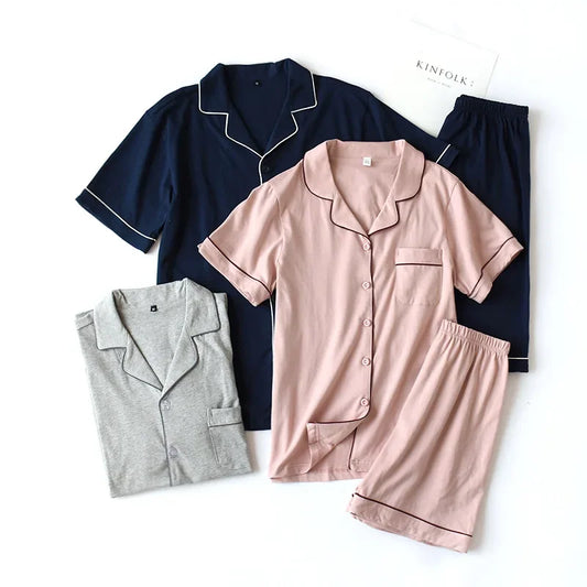 Summer 2025 new cotton couple pajamas suit female short-sleeved shorts men's pajamas thin home service suit  pyjamas women pink