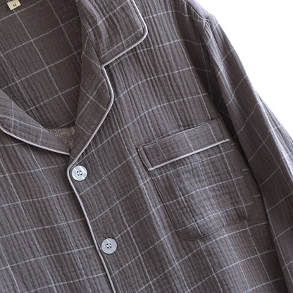 2025 Spring and Autumn New Men's Pajama Set 100%Cotton Crepe Plaid Long sleeved Pants Two Piece Set Cardigan Large Size Homewear