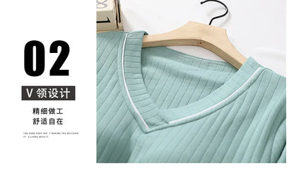 New Spring and Autumn Women's Pajamas Set V-Neck Cotton Thread Knitted Long Sleeve Pants Solid casual two-piece home clothes