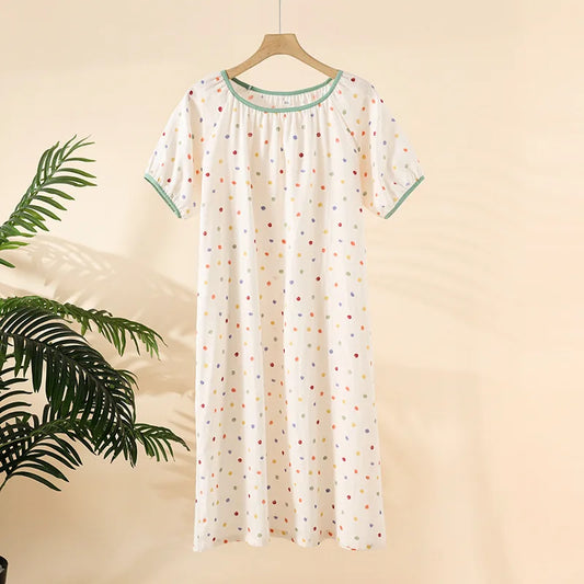 2025 New Summer Sleeping Skirt 100% Cotton Gauze Thin Style Wave Point Home Skirt Loose Round Neck Short Sleeve Sleeping Skirt