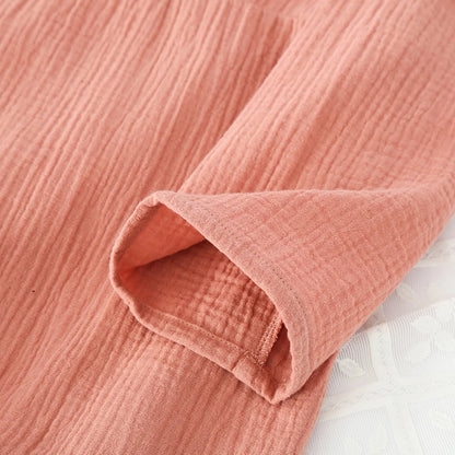 Spring and Autumn Women's Long Sleeve Nightdress 100%Cotton Crepe Round Neck Button Solid Color Dress Home Dress Nightgown Dress