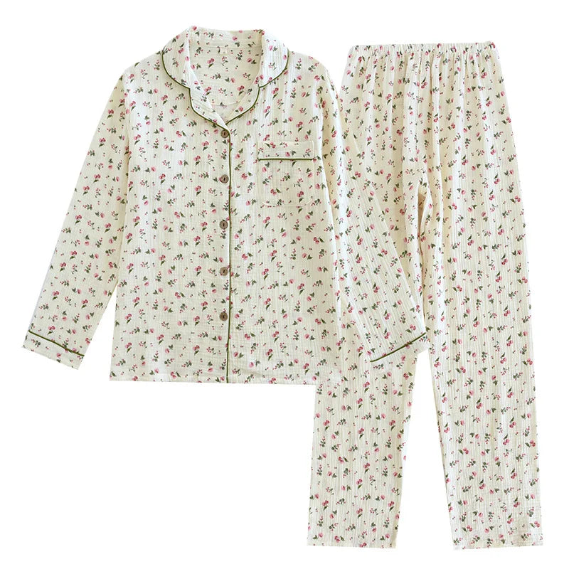 2025 Spring and Autumn Women's Pajama Set 100% Cotton Crepe Long sleeved Pants Two piece Cute and Sweet Home Fury Set Ladies