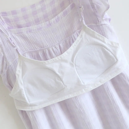 2025 Summer New Women's Sleeping Skirt Tank Top 100% Pure Cotton Large Size Loose Plaid with Chest Cushion Dress Home Fury