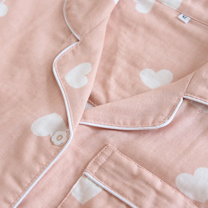 New spring and summer women's pajamas three-piece set short sleeves + shorts + trousers 100%cotton gauze love print homewear set