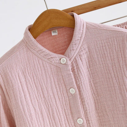 2025 Spring and Autumn New Couple Pajama Set 100% Pure Cotton Crepe Cloth Men's and Women's Stand up Neck Simple Home Clothing