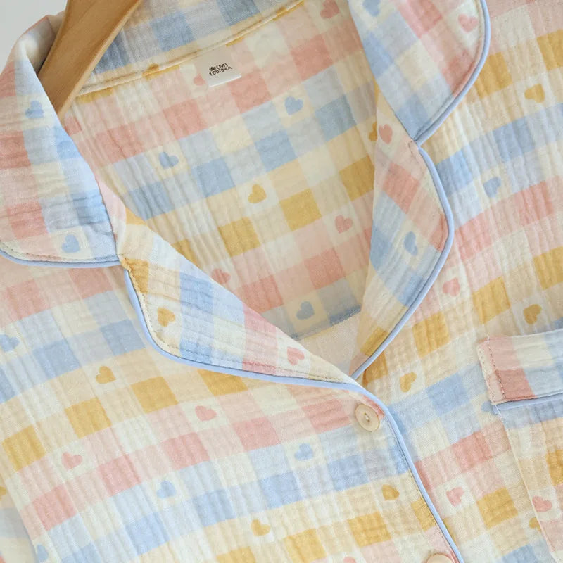 2025 Spring/Summer New Women's Pajama Set 100% Cotton Crepe Collar Love Plaid Long Sleeve Long Pants Home Clothing Set Ladies