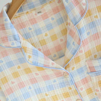 2025 Spring/Summer New Women's Pajama Set 100% Cotton Crepe Collar Love Plaid Long Sleeve Long Pants Home Clothing Set Ladies
