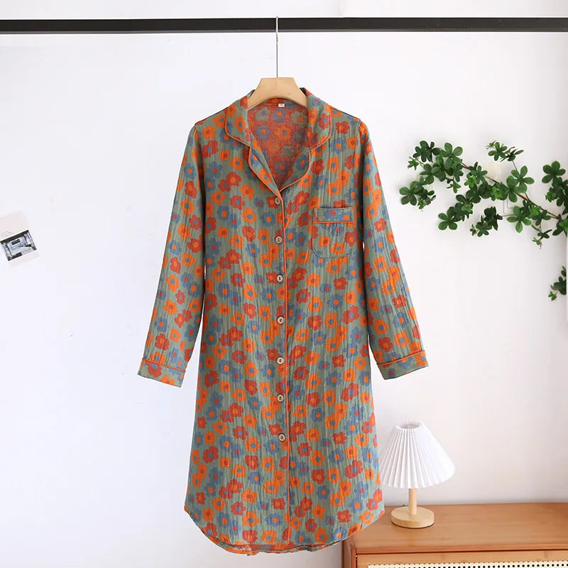 New Spring and Summer Women's Nightdress 100% Cotton Leaf Flower Long Sleeve Dress Large Home Dress Retro Long Sleeve Dress