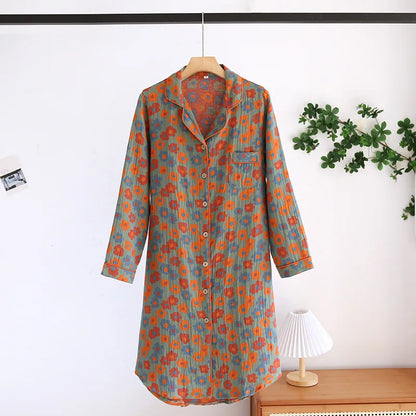 New Spring and Summer Women's Nightdress 100% Cotton Leaf Flower Long Sleeve Dress Large Home Dress Retro Long Sleeve Dress