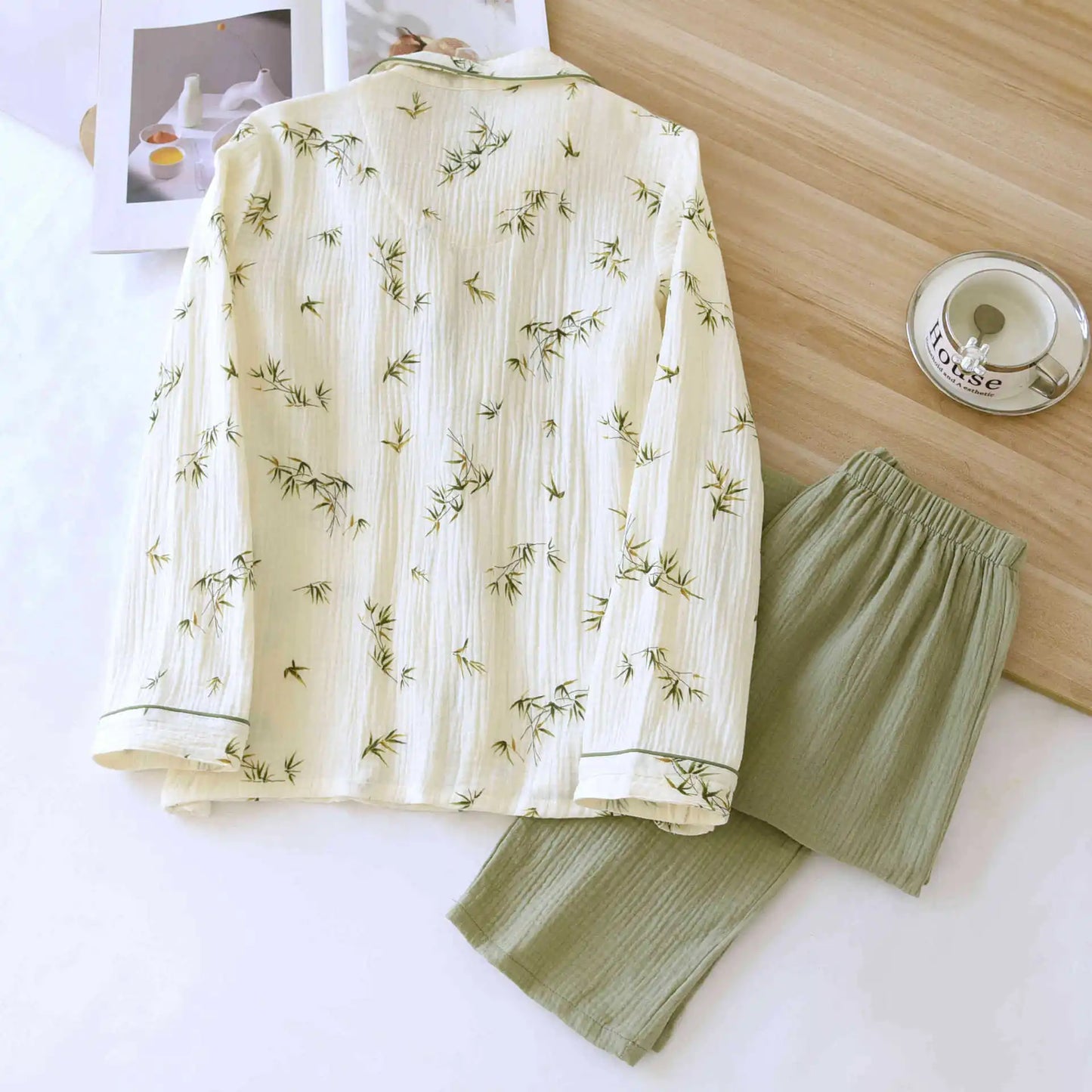 2025 New Spring/Summer Women's Pajama Set 100% Cotton Crepe Long Sleeve Long Pants Large Home Clothes Two Piece Set Sleepwear