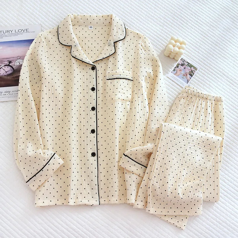 New large size pajamas women cotton crepe home service cotton long sleeve trousers suit simple and comfortable summer and autumn