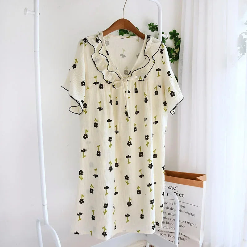 2025 Summer New Women's Pajama Dress 100% Cotton Crepe Ladies Short Sleeve Skirt Thin Flower Dress Homewear Pajama Dress
