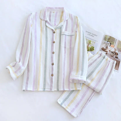 2025 Spring and Autumn Women's Pajama Set 100% Cotton Crepe Long sleeved Pants Two piece Cute and Sweet Home Fury Set Ladies