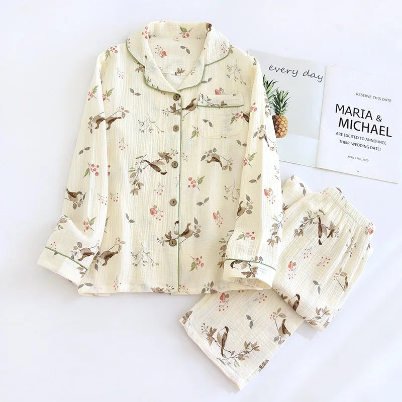 2025 New Spring/Summer Women's Pajama Set 100% Cotton Crepe Cute Love Long Sleeve Long Pants Two Piece Set Cardigan Home Clothes