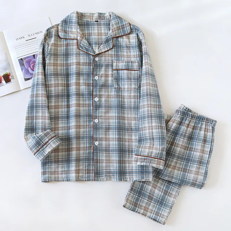 2025 Japanese New Men's Pajama Set Spring/Summer Checkered Simple Long sleeved Two Piece Set 100%Cotton Cardigan Home Furnishing