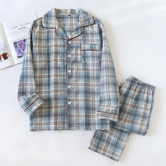 2025 Japanese New Men's Pajama Set Spring/Summer Checkered Simple Long sleeved Two Piece Set 100%Cotton Cardigan Home Furnishing