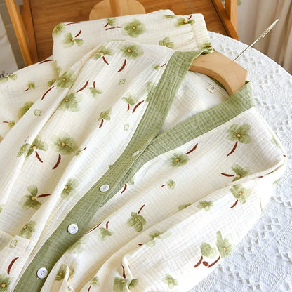 2025 New Spring/Summer Women's Pajama Set Long Sleeve Pants 100% Cotton Crepe Cardigan V-Neck Home Suit Two Piece Set Sleepwear