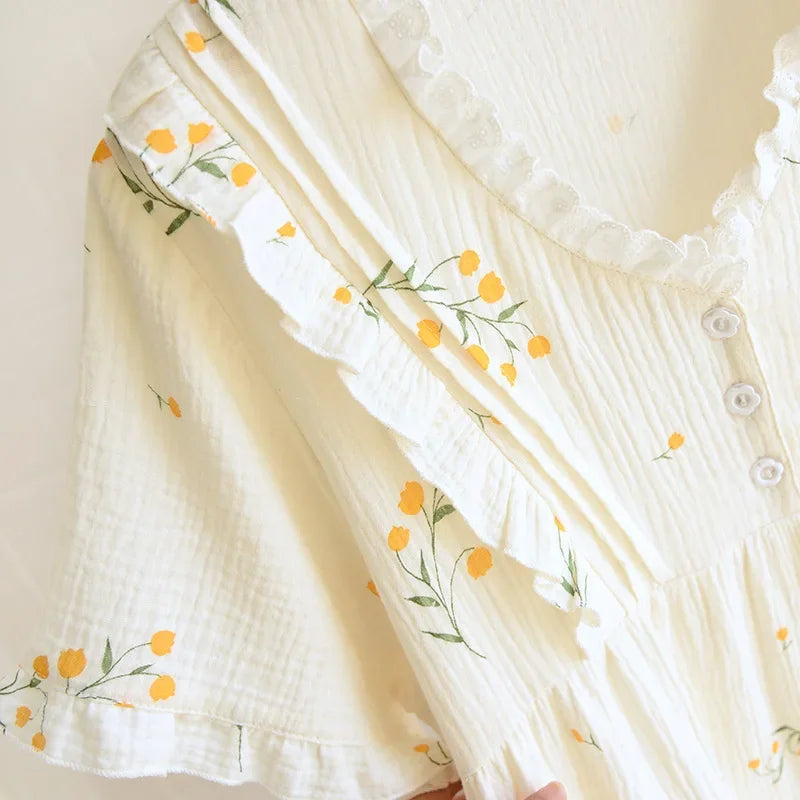 Summer new ladies nightdress 100% cotton crepe skirt thin short sleeve Japanese sweet and cute cardigan skirt home skirt women