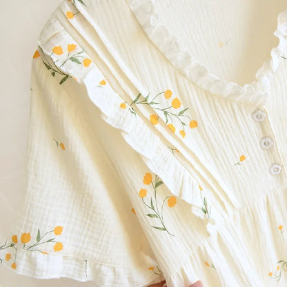 Summer new ladies nightdress 100% cotton crepe skirt thin short sleeve Japanese sweet and cute cardigan skirt home skirt women