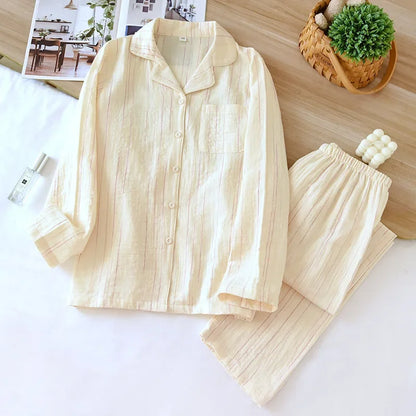 2025 Spring and Autumn New Japanese Pajama Set 100% Cotton Striped Long Sleeve Long Pants Two Piece Set Thin Home Clothing