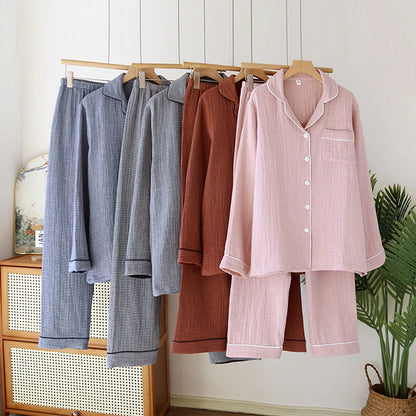 2025 New Spring Couple's Pajama Set 100% Cotton Four Layer Gauze Men's and Women's Long Sleeve Long Pants Two Piece Home Clothes