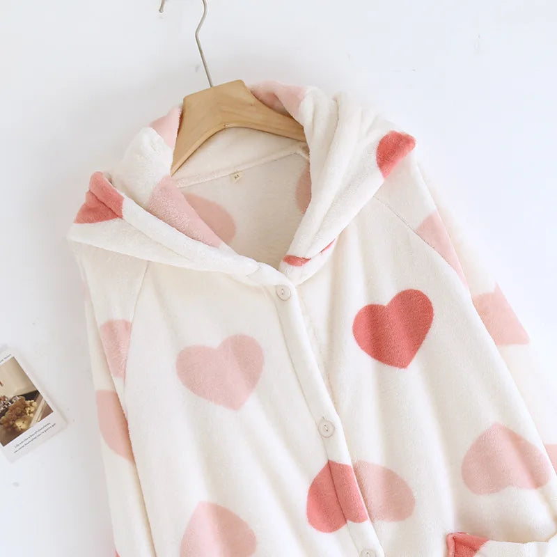 2025 Winter New Flannel Sleeping Robe Women's Bathrobe Long Thickened Velvet Cute Sweet Hooded Home Robe Sleepwear Ladies
