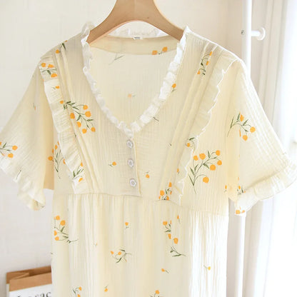 Summer new ladies nightdress 100% cotton crepe skirt thin short sleeve Japanese sweet and cute cardigan skirt home skirt women