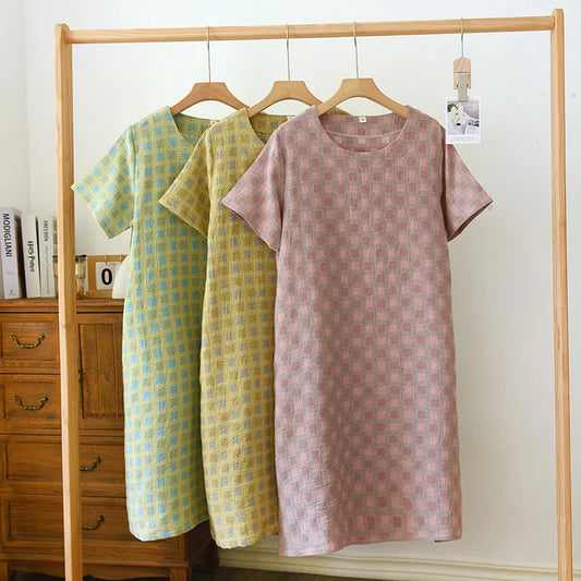 2025 New Summer Short Sleeve Sleeping Skirt 100% Cotton Yarn Weaving Jacquard Loose Pullover Mid length Plaid Skirt Home Dress