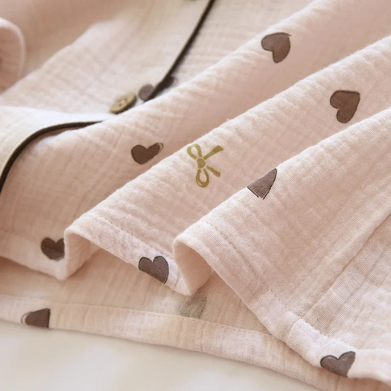 2025 New Spring/Summer Women's Pajama Set 100% Cotton Crepe Cute Love Long Sleeve Long Pants Two Piece Set Cardigan Home Clothes