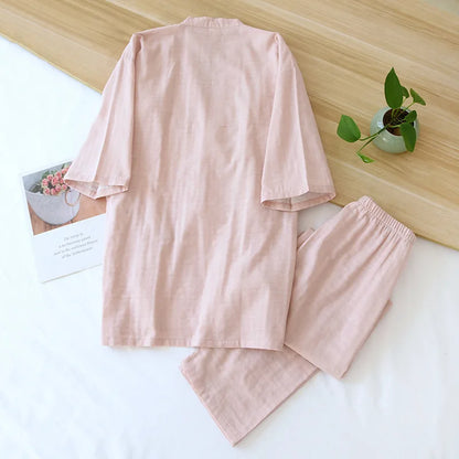 New spring and summer Japanese kimono two-piece couple pajamas set cotton loose large size men and women long sleeve trousers