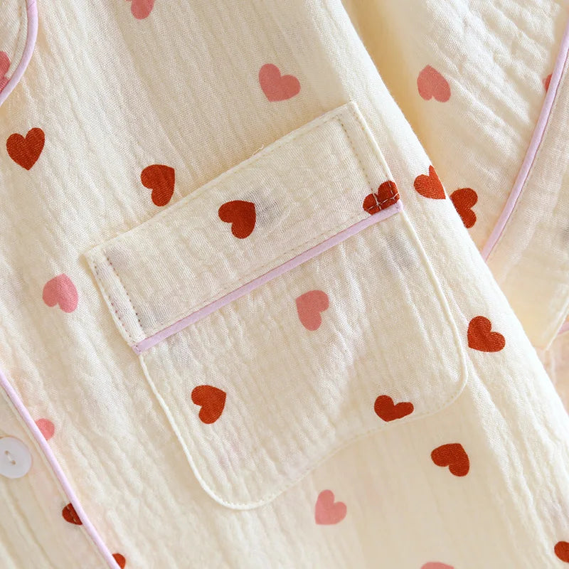 2025 New Summer Pajama Set 100% Cotton Crepe Love Short Sleeves+Shorts+Pants Three Piece Buckle Cute Home Fury Ladies Sleepwear