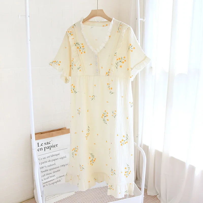Summer new ladies nightdress 100% cotton crepe skirt thin short sleeve Japanese sweet and cute cardigan skirt home skirt women