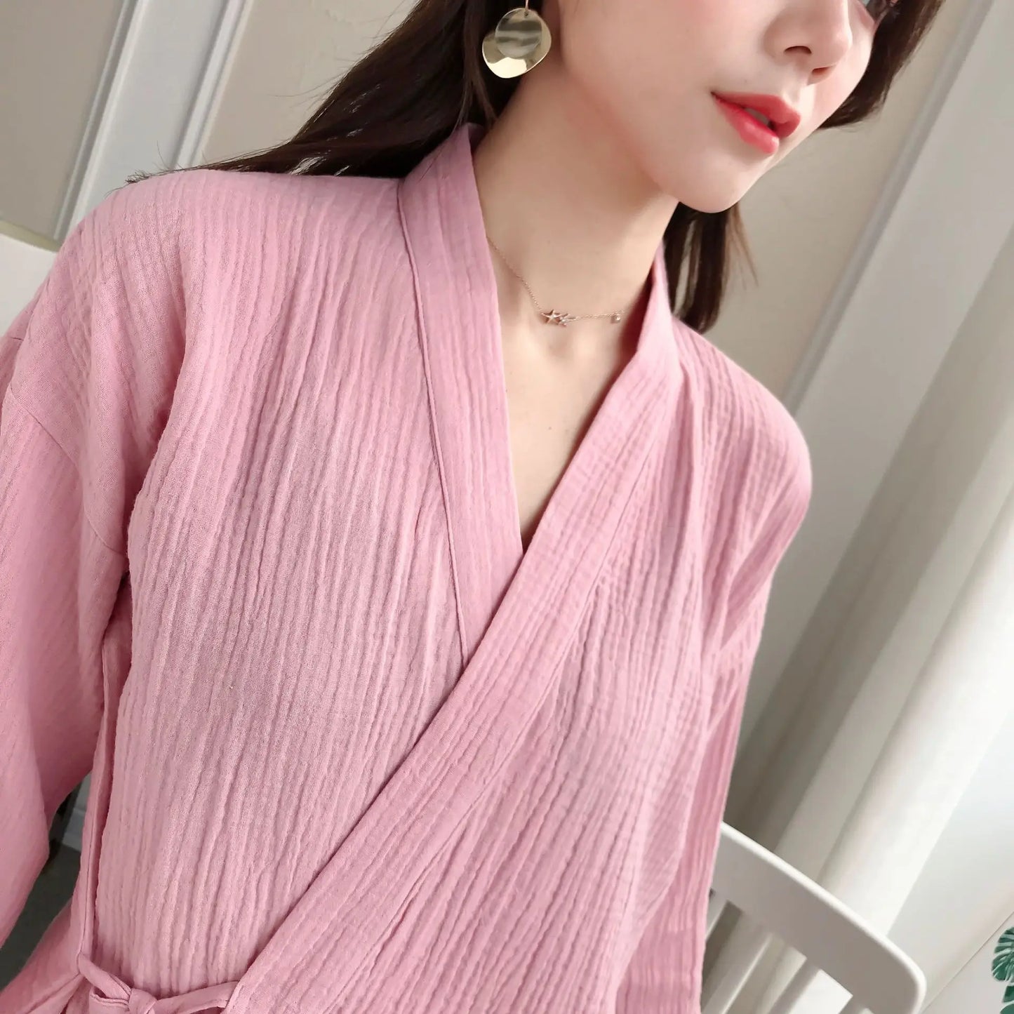 Japanese kimono suit lovers 100% cotton crepe pajamas long sleeved trousers two-piece kimono suit for men and women sleepwear