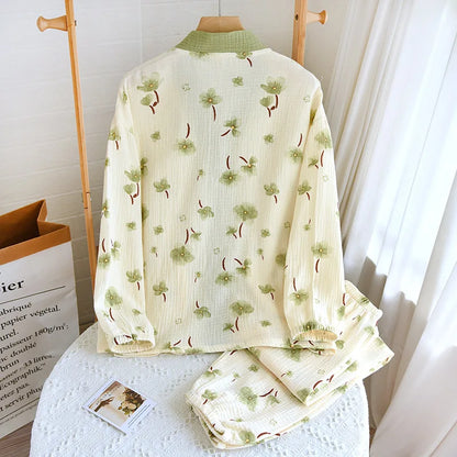 2025 New Spring/Summer Women's Pajama Set Long Sleeve Pants 100% Cotton Crepe Cardigan V-Neck Home Suit Two Piece Set Sleepwear