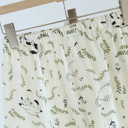 2025 Spring/Summer New Women's Pajamas Three Piece Set 100% Pure Cotton Crepe Thin Short Sleeves+Shorts+Long Pants Home Fury