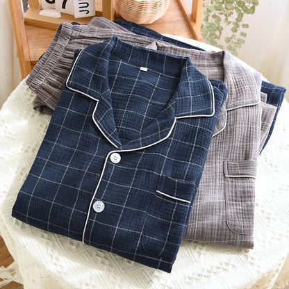 2025 Spring and Autumn New Men's Pajama Set 100%Cotton Crepe Plaid Long sleeved Pants Two Piece Set Cardigan Large Size Homewear
