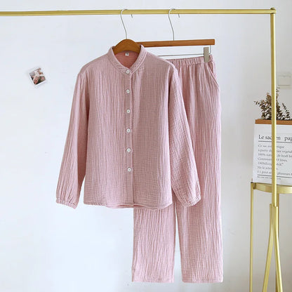 2025 Spring and Autumn New Couple Pajama Set 100% Pure Cotton Crepe Cloth Men's and Women's Stand up Neck Simple Home Clothing