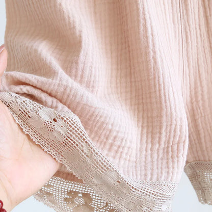 2025 New Japanese Women's Summer Pajama Set 100% Cotton Crepe Short Sleeve Shorts Two Piece Lace Neck Breathable Home Suit Set