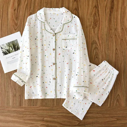 New large size pajamas women cotton crepe home service cotton long sleeve trousers suit simple and comfortable summer and autumn